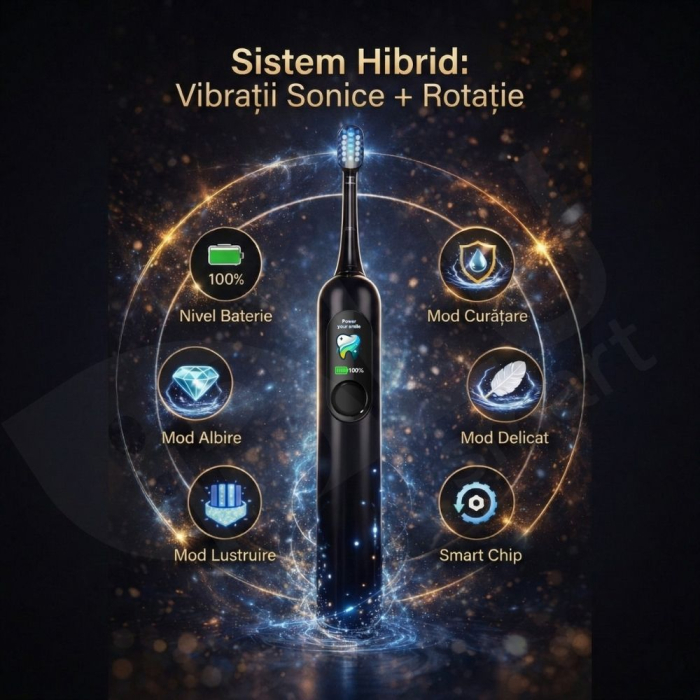 Periuță de Dinți Electrică Sonică iBLU smart™ PRO, Display Digital LCD, Tehnologie Hibridă (Vibrații + Oscilații Ample 60°), Motor Maglev 38.400 VPM, Capăt Anti-Șoc, Baterie 1200mAh (35 Zile), Încărcare USB-C, Pachet cu 6 Rezerve și Toc Transport, Negru [2]