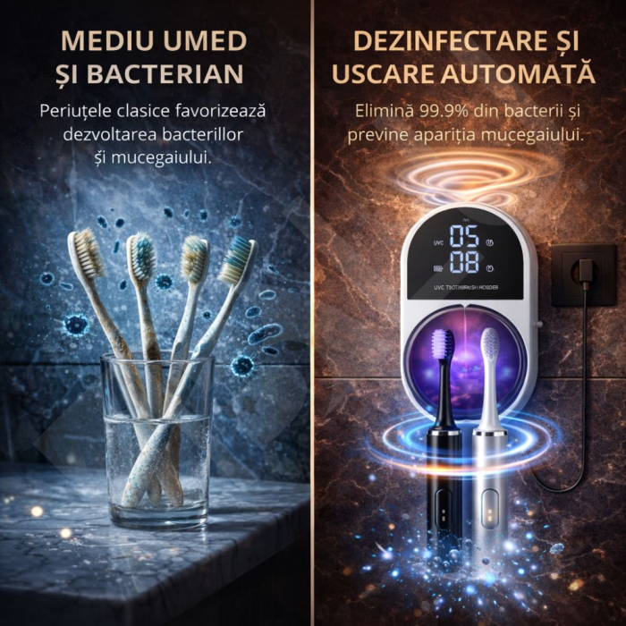 Sterilizator UV Inteligent si Suport Periute iBLU smart™ cu Uscare, Functie Touchless (Senzor), Deschidere Automata, Sterilizare Automata Dimineata/Seara, Display LED cu Ceas, Acumulator 2000mAh, Incarcare USB-C, Alb/Negru [2]