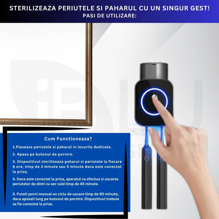 Sterilizator UV Portabil pentru 2 Periute de Dinti iBLU smart cu Pahar pentru Clatire [4]