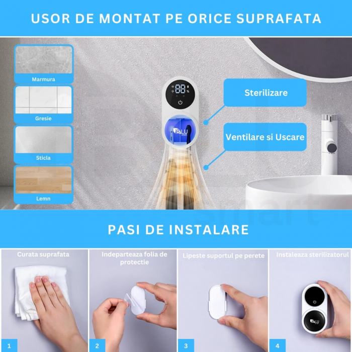 Sterilizator UV Portabil pentru 2 Periuțe de Dinți și Senzor Închidere-Deschidere Automată, Alb [6]