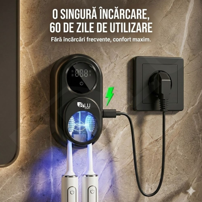 Sterilizator UV si Suport pentru 2 Periute de Dinti iBLU smart™, Deschidere Automata cu Senzor Infrarosu, Uscare Activa cu Ventilator, Sterilizare 99.9%, Display LED, Acumulator 2000mAh, Montaj facil fara gauri, Negru [7]
