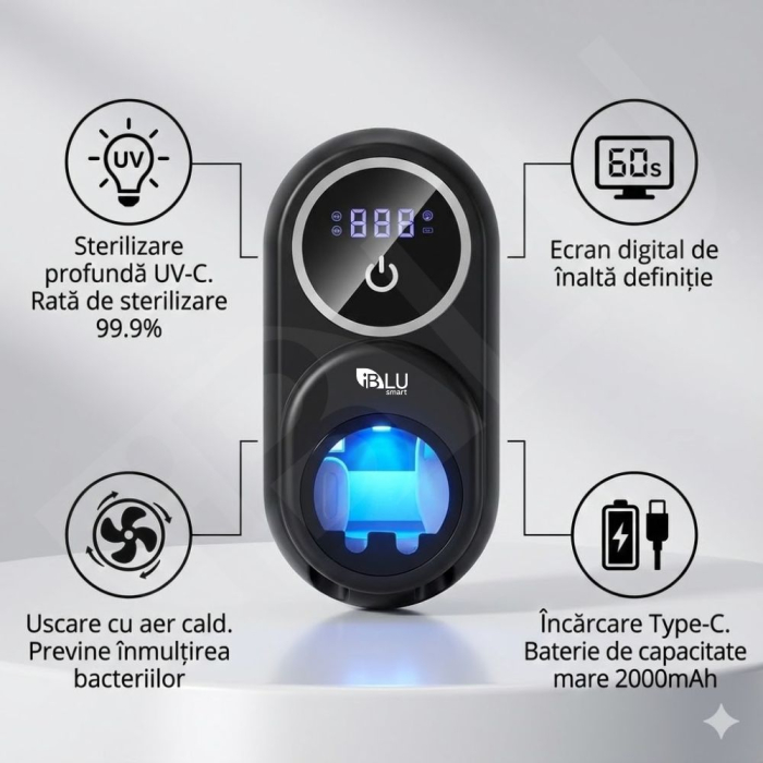 Sterilizator UV si Suport pentru 2 Periute de Dinti iBLU smart™, Deschidere Automata cu Senzor Infrarosu, Uscare Activa cu Ventilator, Sterilizare 99.9%, Display LED, Acumulator 2000mAh, Montaj facil fara gauri, Negru [3]