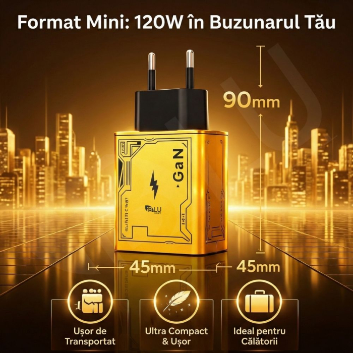 Încărcător Rețea iBLU smart 120W Tehnologie GaN Pro, 4 Porturi (2x USB-C PD + 2x USB-A QC3.0), Super Fast Charge pentru Laptop, MacBook, Samsung, iPhone, Protecție Smart Chip, Design Compact, Galben [6]