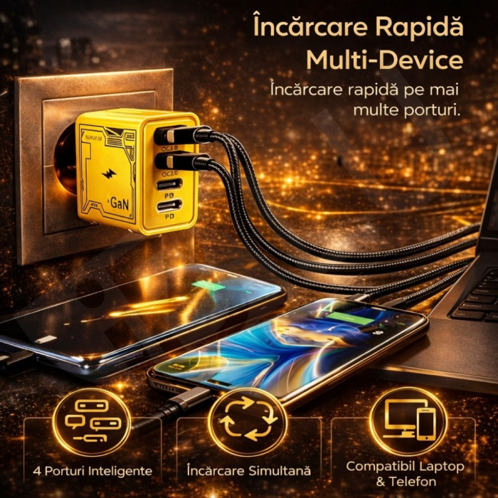Încărcător Rețea iBLU smart 120W Tehnologie GaN Pro, 4 Porturi (2x USB-C PD + 2x USB-A QC3.0), Super Fast Charge pentru Laptop, MacBook, Samsung, iPhone, Protecție Smart Chip, Design Compact, Galben [2]