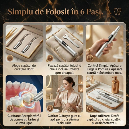 Aparat Detartraj Ultrasonic iBLU smart pentru Curatare Dentara, Sterilizare UV si Iluminare LED, 5 Moduri de Intensitate, Eliminare Tartru si Placa Bacteriana, Tehnologie Smart Chip (Protecție Gingii) Corp Metalic Aerospațial, IPX6, Fără Fir, Argintiu [5]