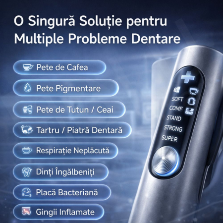 Aparat Detartraj Ultrasonic iBLU smart pentru Curatare Dentara, Sterilizare UV si Iluminare LED, 5 Moduri de Intensitate, Eliminare Tartru si Placa Bacteriana, Tehnologie Smart Chip (Protecție Gingii) Corp Metalic Aerospațial, IPX6, Fără Fir, Argintiu [1]