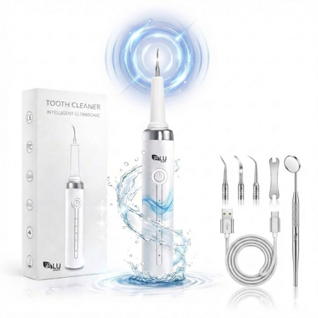 Toate Produsele - Aparat pentru Eliminare Tartru iBLU smart, Detartraj Ultrasonic, Eliminare Placa Bacteriana, 5 Moduri pentru Curatarea Dintilor, 3 Capete Curatare si Oglinda Dentara Incluse, Lumina LED Puternica, Portabil si Reincarcabil, Rezistent la Apa, Alb