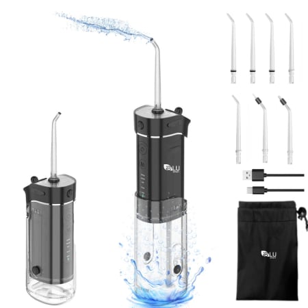 Toate Produsele - Irigator Oral Profesional Slim pentru Duș Bucal cu Rezervor Retractabil si Gravity Ball, 4 Capete, Negru