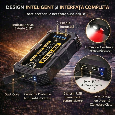 Starter Auto Portabil, 500A–1000A, 6000mAh, Power Bank, Lanternă LED, Protecție Anti-Scântei, Gri/Galben [3]