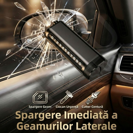 Suport Număr Telefon Auto iBLU smart™ 3-în-1 cu Cifre Rotative (Rulou), Privacy Mode, Ciocan Urgență Tungsten cu Arc (Spargere geam lateral fără efort), Cutter Centură, Include Geam Testare, Aluminiu, Rezistent la temperaturi înalte, Negru [5]
