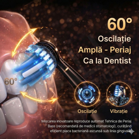 Periuță de Dinți Electrică Sonică iBLU smart™ PRO, Display Digital LCD, Tehnologie Hibridă (Vibrații + Oscilații Ample 60°), Motor Maglev 38.400 VPM, Capăt Anti-Șoc, Baterie 1200mAh (35 Zile), Încărcare USB-C, Pachet cu 6 Rezerve și Toc Transport, Negru [5]