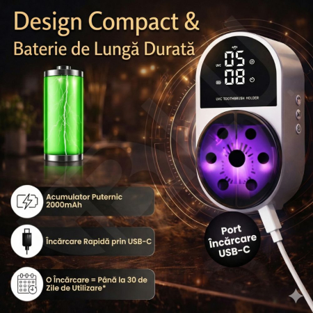 Sterilizator UV Inteligent si Suport Periute iBLU smart™ cu Uscare, Functie Touchless (Senzor), Deschidere Automata, Sterilizare Automata Dimineata/Seara, Display LED cu Ceas, Acumulator 2000mAh, Incarcare USB-C, Alb/Negru [2]