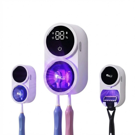 Toate Produsele - Sterilizator UV si Suport Periute de Dinti iBLU smart cu Functie Uscare cu Aer Cald, Sterilizare Automata 24/7, Eficienta 99.99%, Display LCD, Suport Modular Interschimbabil (Periute/Aparat Ras), Acumulator 1800mAh, Senzor Miscare, Montare fara Gauri, Alb