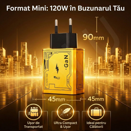 Încărcător Rețea iBLU smart 120W Tehnologie GaN Pro, 4 Porturi (2x USB-C PD + 2x USB-A QC3.0), Super Fast Charge pentru Laptop, MacBook, Samsung, iPhone, Protecție Smart Chip, Design Compact, Galben [5]