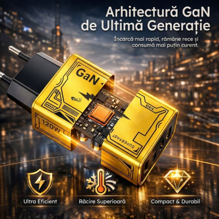 Încărcător Rețea iBLU smart 120W Tehnologie GaN Pro, 4 Porturi (2x USB-C PD + 2x USB-A QC3.0), Super Fast Charge pentru Laptop, MacBook, Samsung, iPhone, Protecție Smart Chip, Design Compact, Galben [3]