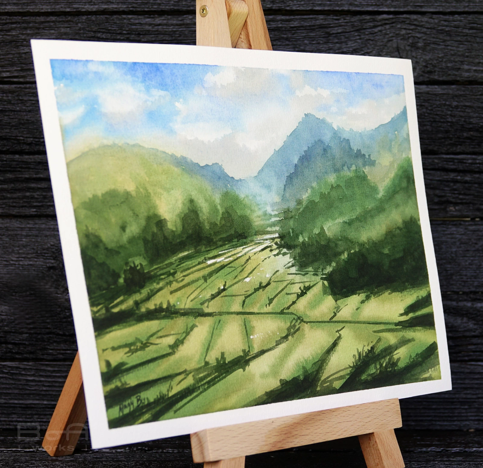 pictura-acuarela-originala-misty-ricefield-29x21 [2]