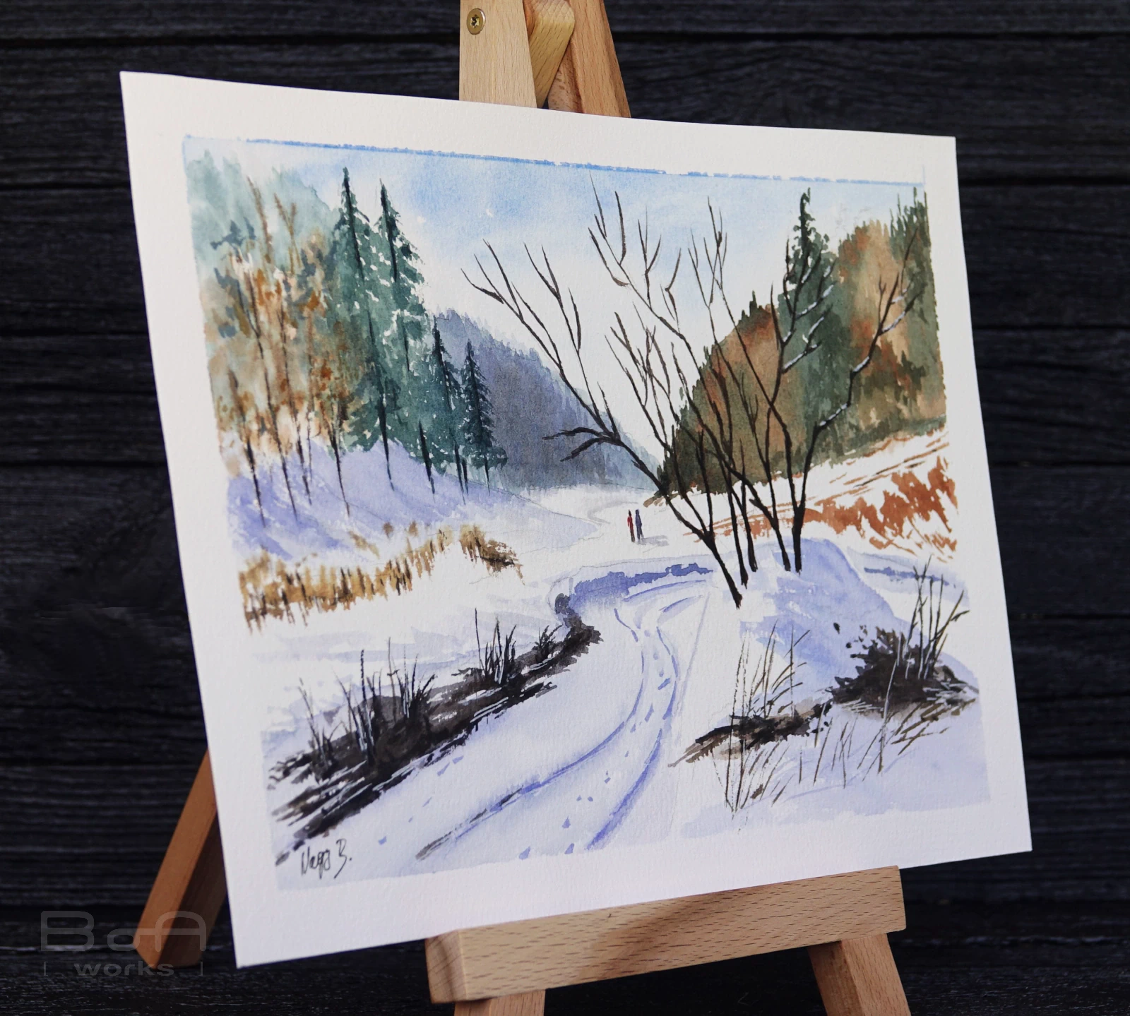pictura-acuarela-originala-winter-footprints-29x21 [2]