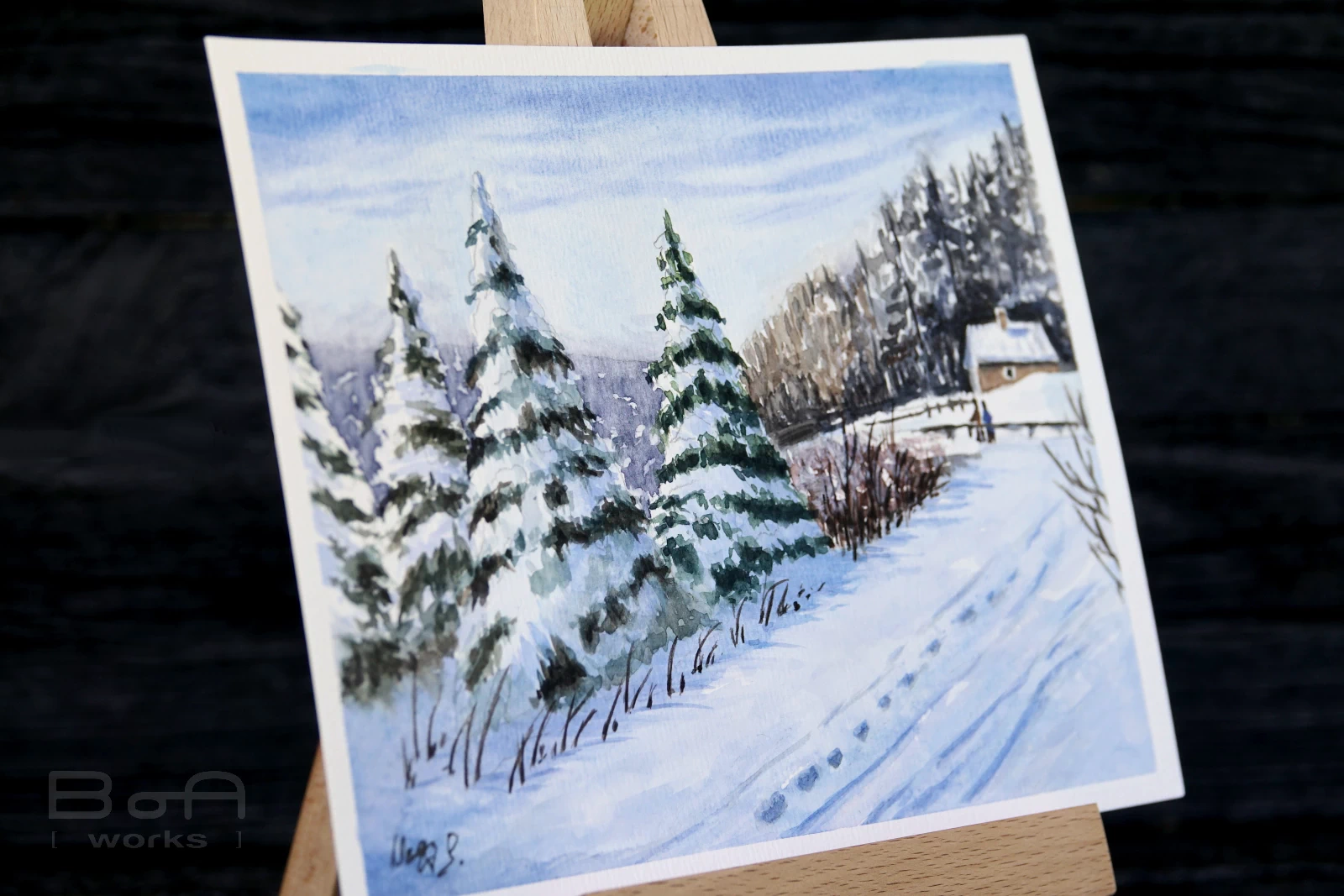 pictura-acuarela-originala-childhood-winter-21x15 [2]