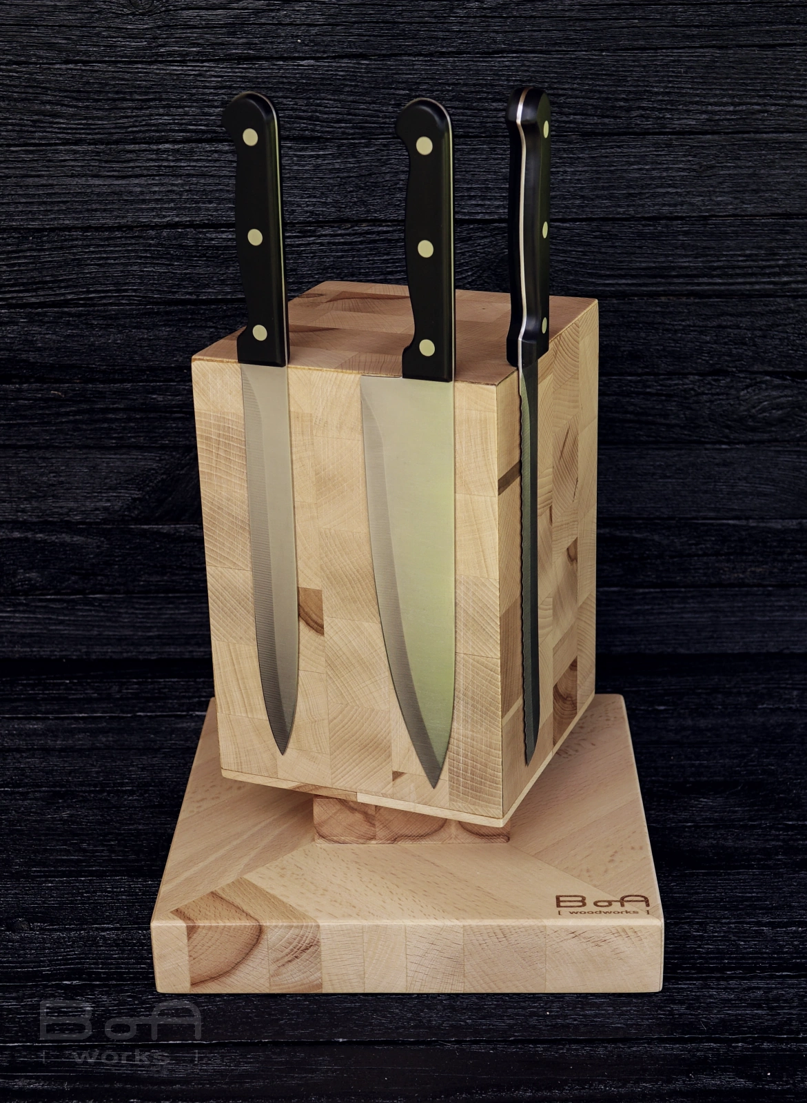 Suporturi pentru cuțite - suport-cutite-magnetic-rotativ-fag-end-grain-beech-twister-handmade