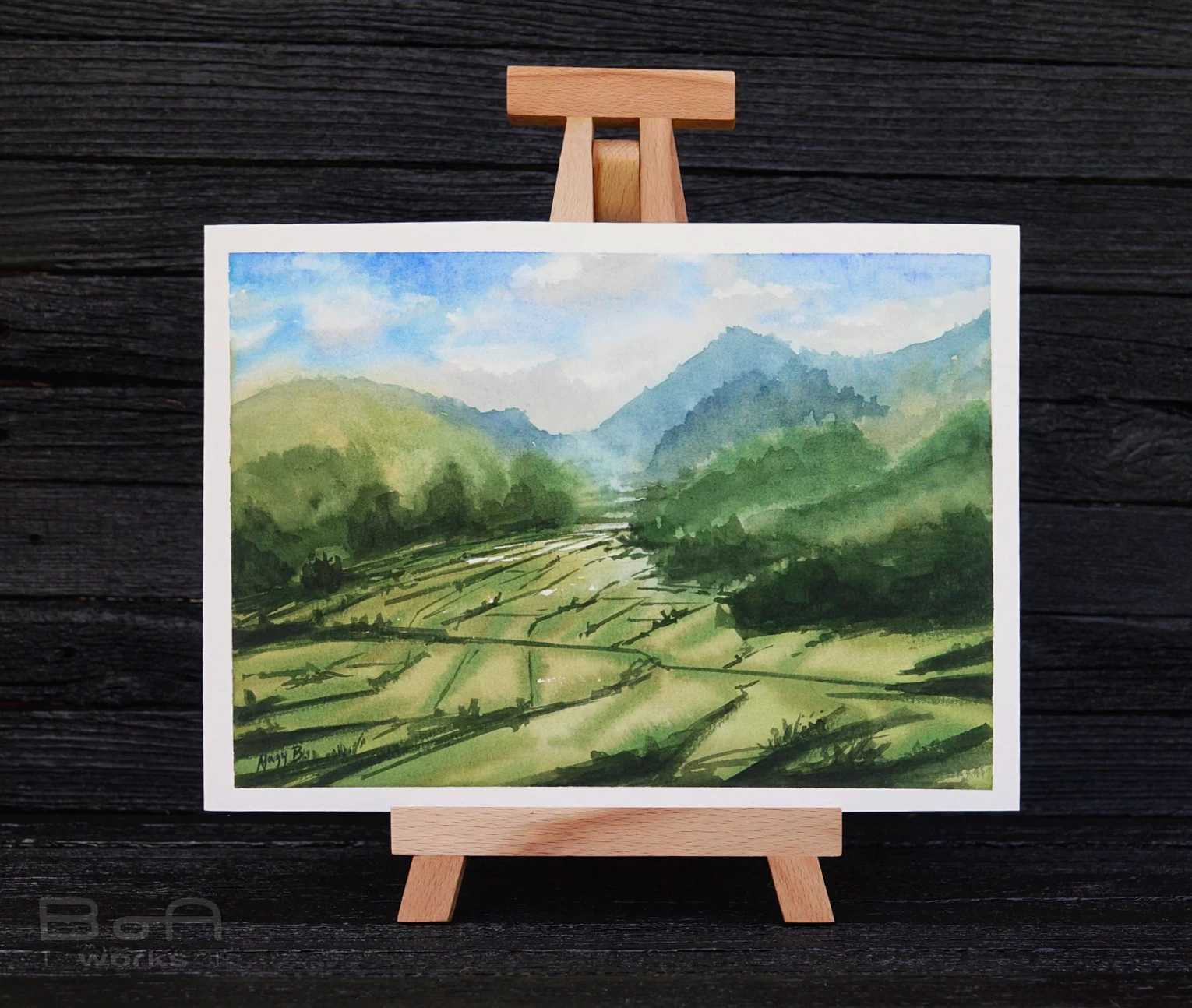 [waterworks] - pictura-acuarela-originala-misty-ricefield-29x21