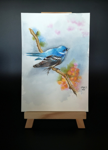 [waterworks] - pictura-acuarela-originala-blue-bird-18x26