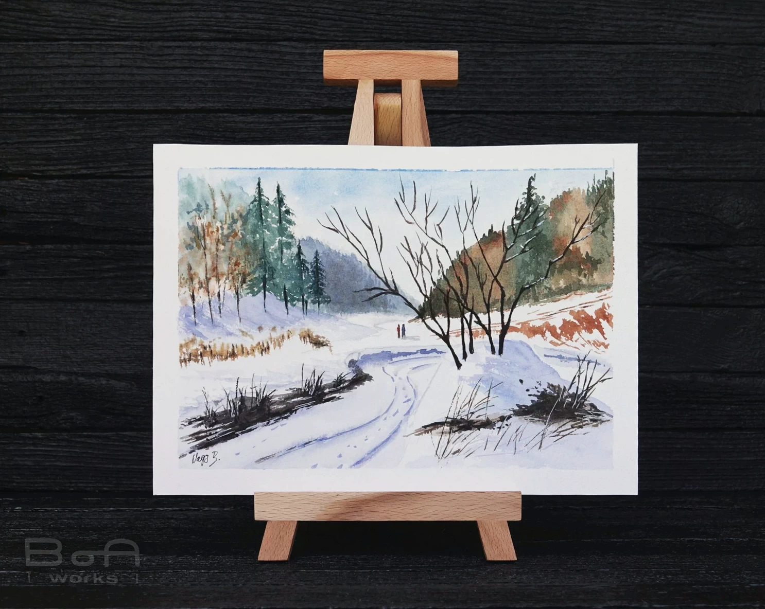 [waterworks] - pictura-acuarela-originala-winter-footprints-29x21