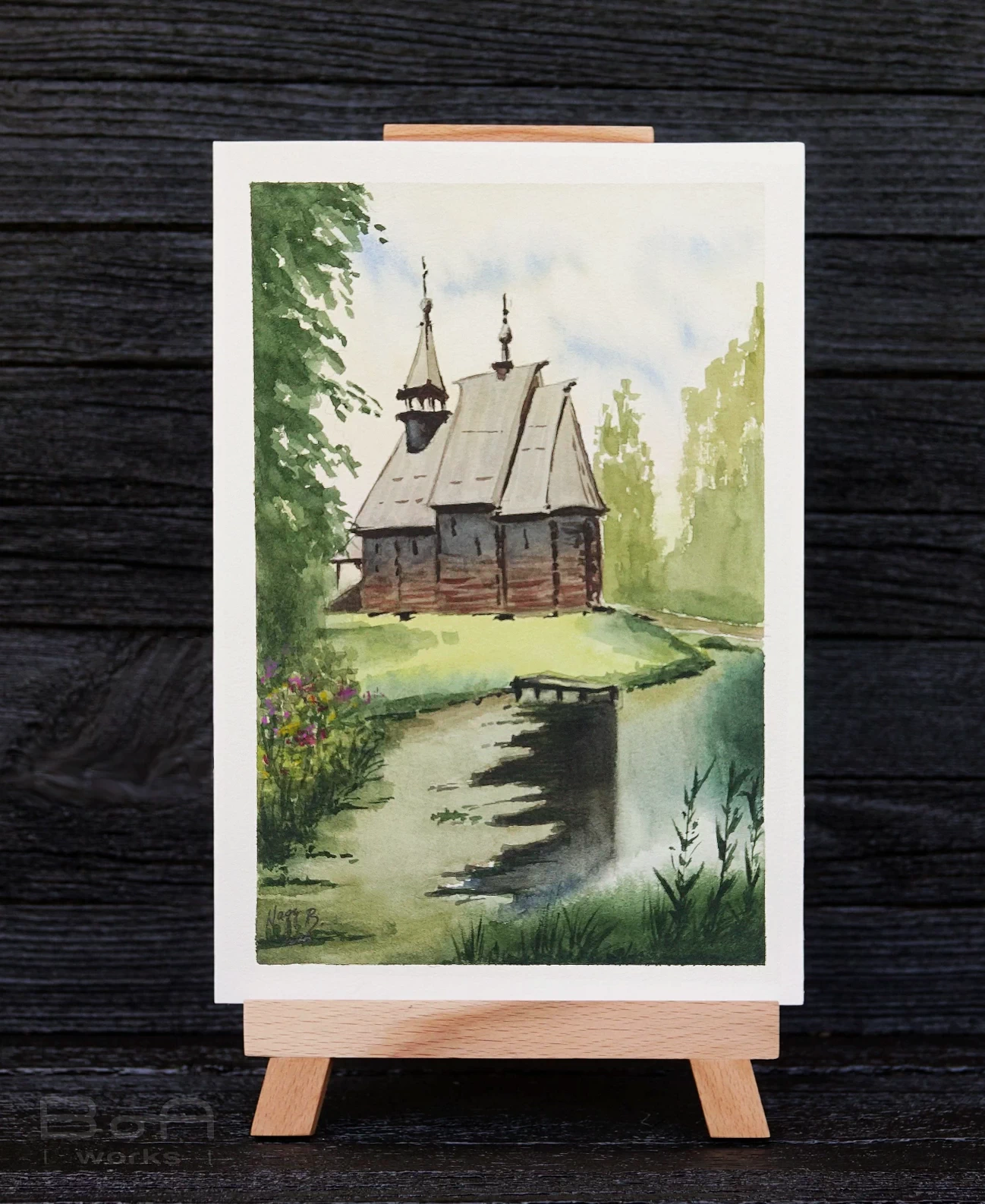 [waterworks] - pictura-acuarela-originala-stillness-by-the-stream-18x26