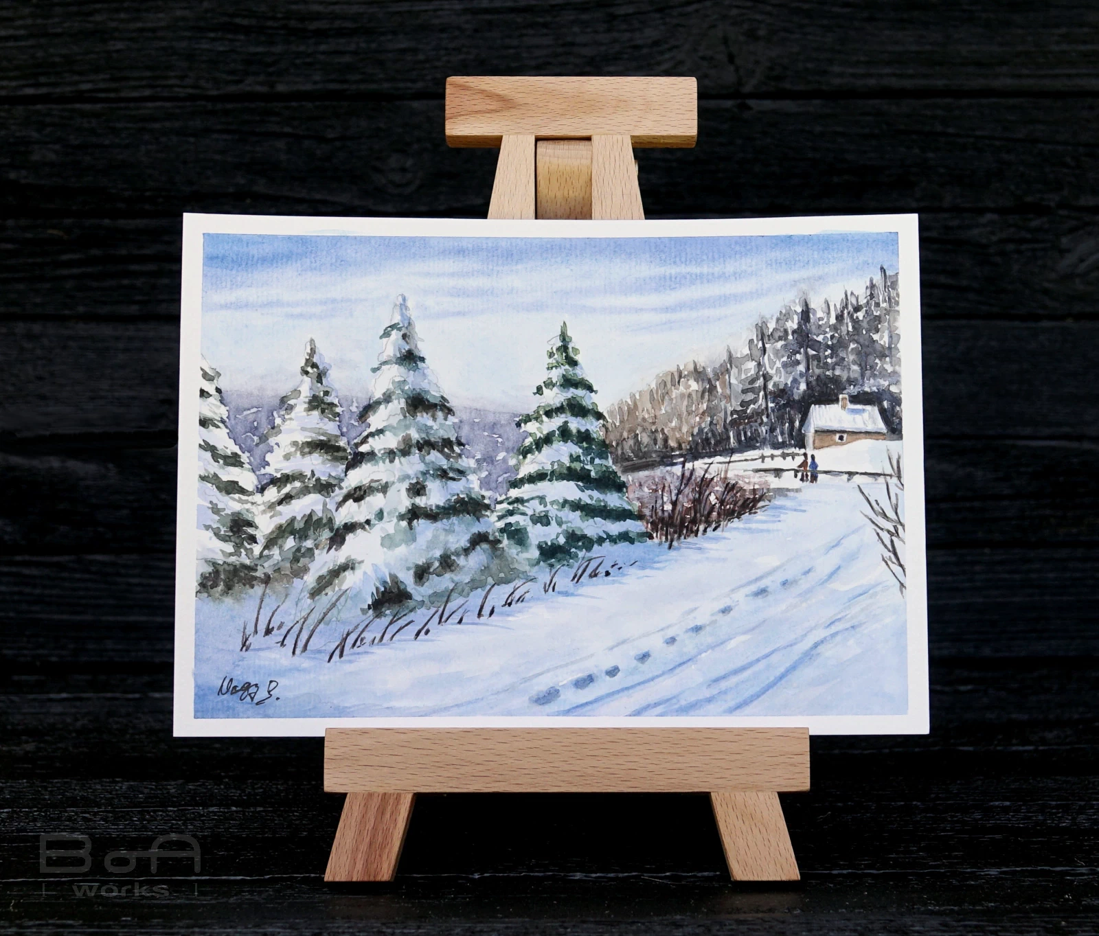 [waterworks] - pictura-acuarela-originala-childhood-winter-21x15
