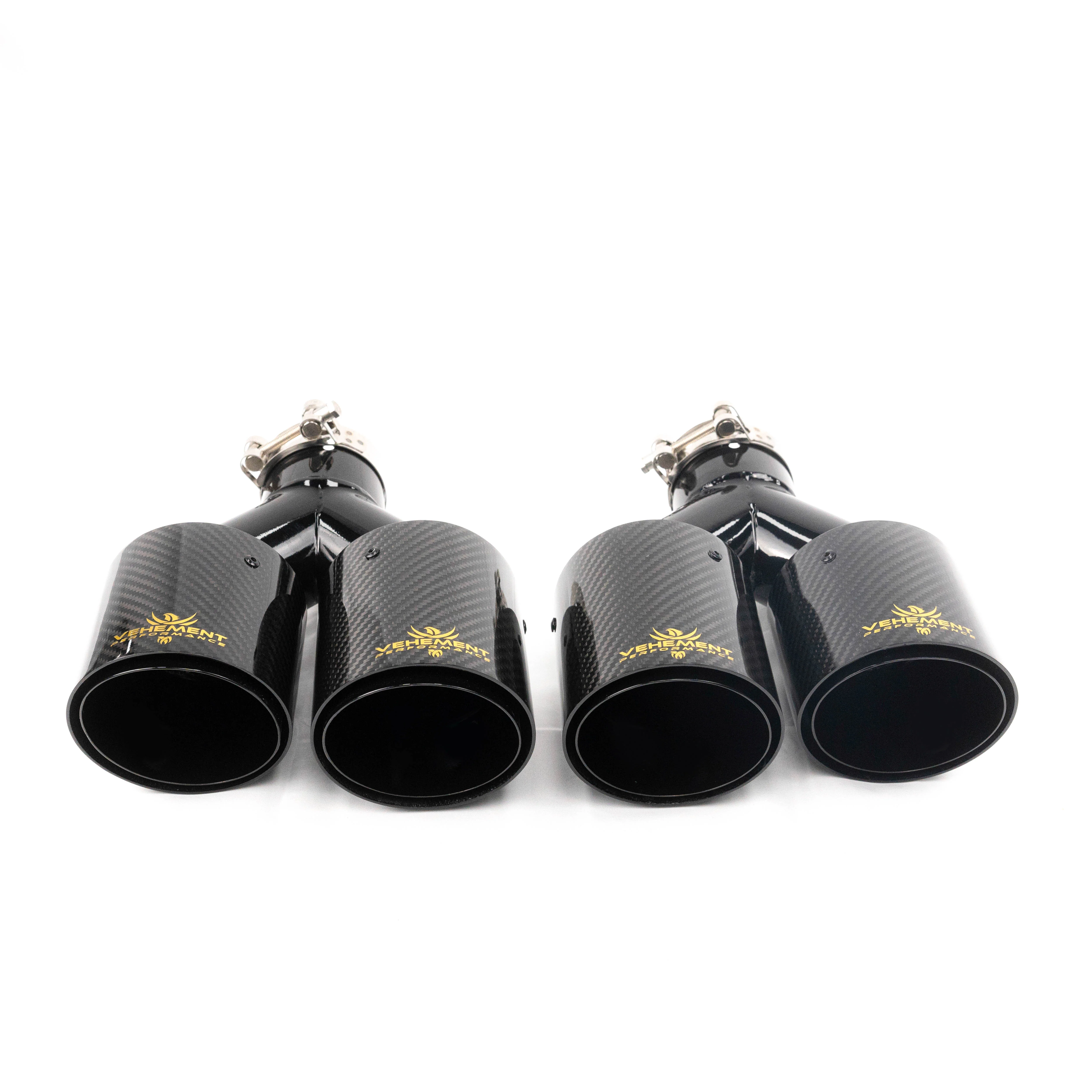 Tips dublu ornament evacuare carbon si inox negru Logo Gold 2x89mm intrare 63mm VEHEMENT Performance [2]