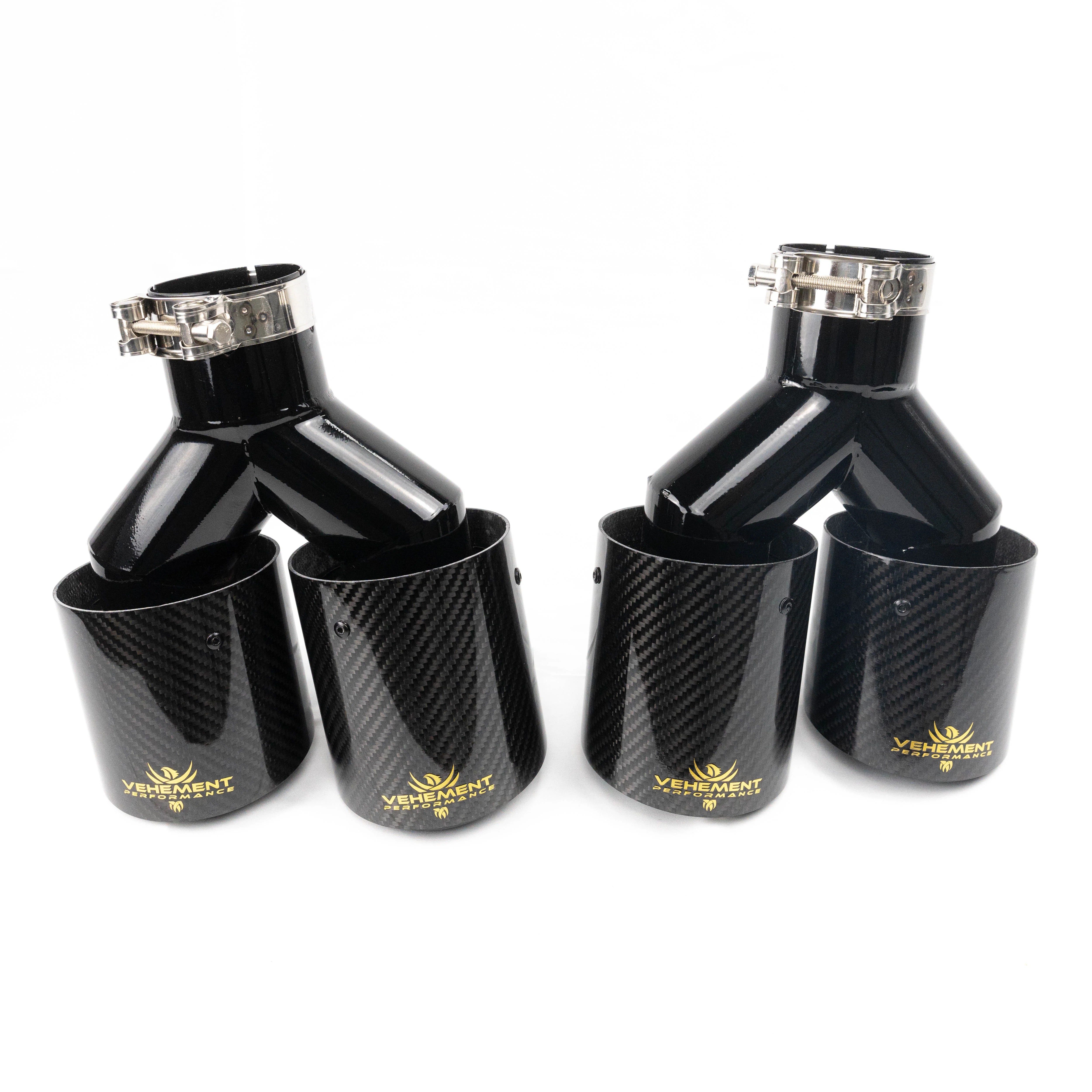 Tips dublu ornament evacuare carbon si inox negru Logo Gold 2x89mm intrare 63mm VEHEMENT Performance [2]