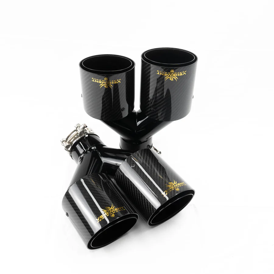 VEHEMENT - Tips dublu ornament evacuare carbon si inox negru Logo Gold 2x89mm intrare 63mm VEHEMENT Performance
