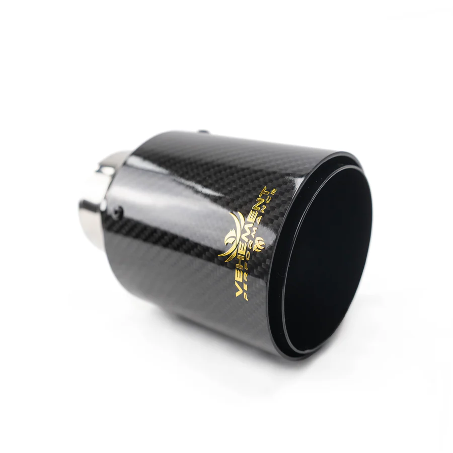 VEHEMENT - Tips ornament evacuare carbon si inox negru Logo Gold 76mm intrare 63mm VEHEMENT Performance