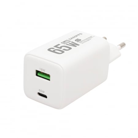 Electronice - Încărcător rapid USB GaN 65W SA65PPS cu porturi USB-C și USB-A, ideal pentru telefoane și laptopuri