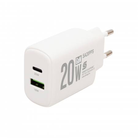 Electronice - Încărcător rapid USB SA20PPS 20W cu tehnologie GaN, două porturi USB-C și USB-A, ideal pentru telefoane și tablete