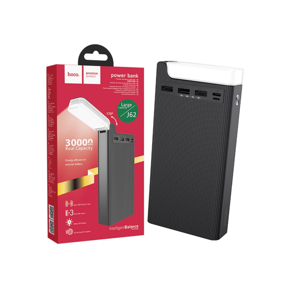 Baterie Externa Hoco Premium J62, 3xUSB-A, Wireless Charging, lampa LED, 30.000 MAh, Black – Hoco J62 [1]