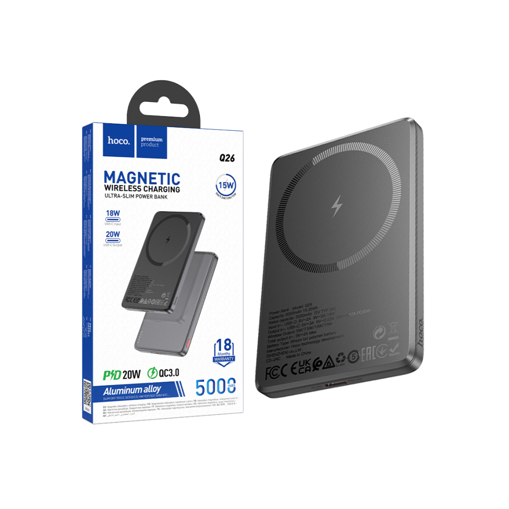 Baterie Externa, PowerBank, Wireless, 22.5W+PD250W, Magnetica, 5000mAh, Metall GRAY – Hoco Q26 [1]