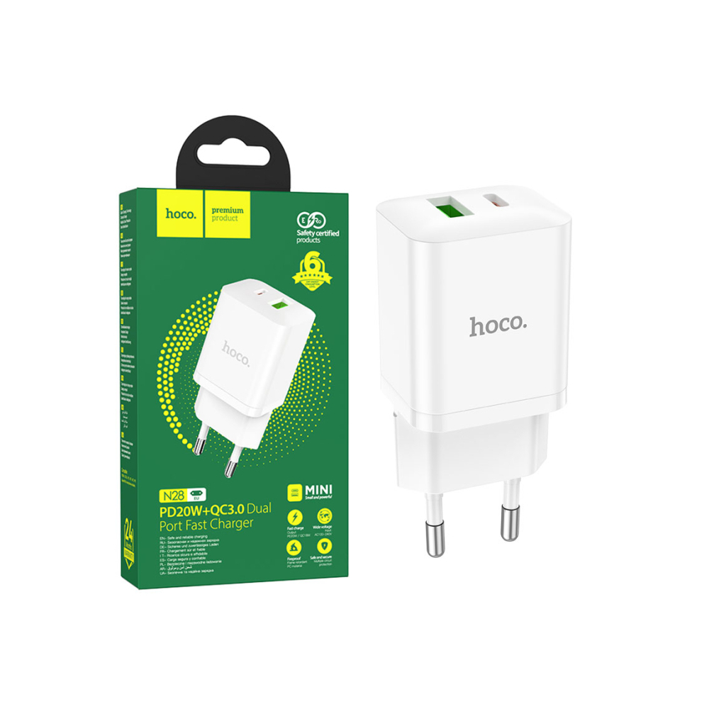 Adaptor Incarcator, 20W, 1xUSB-C, 1xUSB-A, PD, QC 3.0, White – Hoco N28 [1]