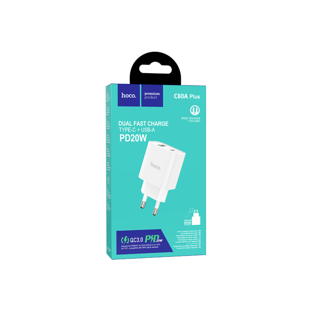 Adaptor Incarcator, 20W, 5V, 3.1A, 1xUSB-C, 1xUSB-A, PD, QC 3.0, White – Hoco C80A Plus [1]