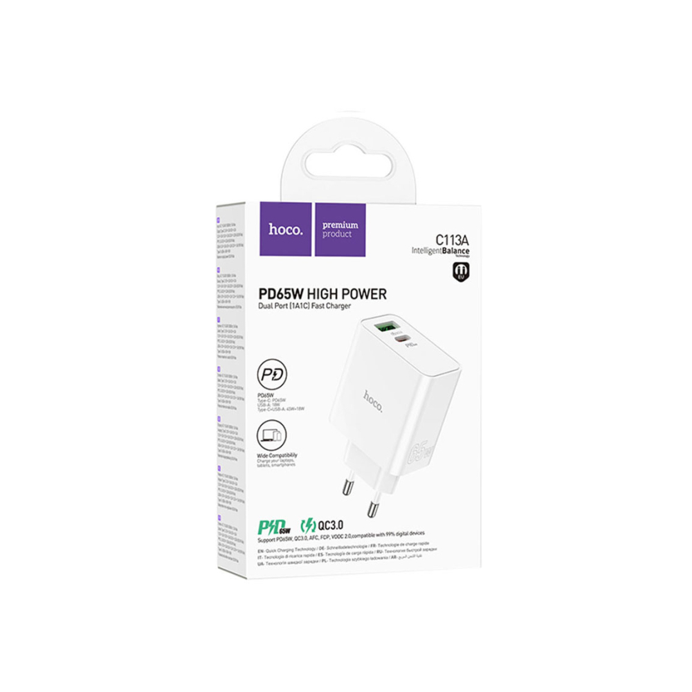 Adaptor Incarcator, 65W, 1xUSB-C, 1xUSB-A, PD, QC 3.0, White – Hoco C113A [1]