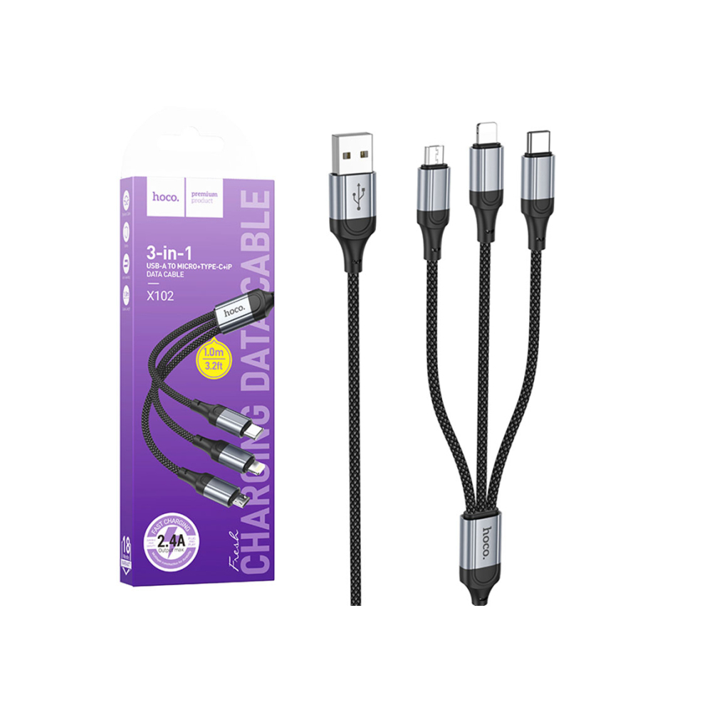 Cablu Date si Incarcare, USB-A la Lightning / MicroUSB / USB-C, 2.4A, 3 in 1, 1m, Black – Hoco X102 [1]