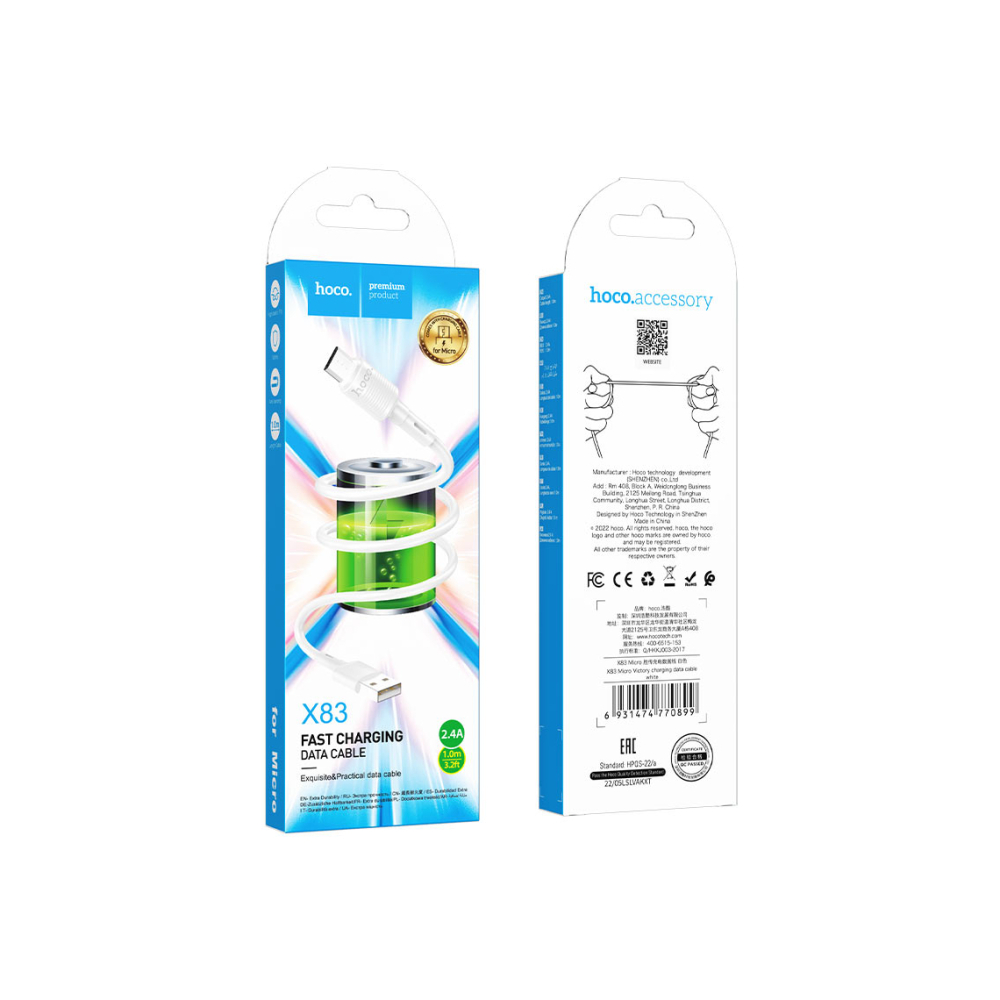 Cablu Date si Incarcare, USB-A la MicroUSB, 18W, 2.4A, 1m, White – Hoco X83 [1]