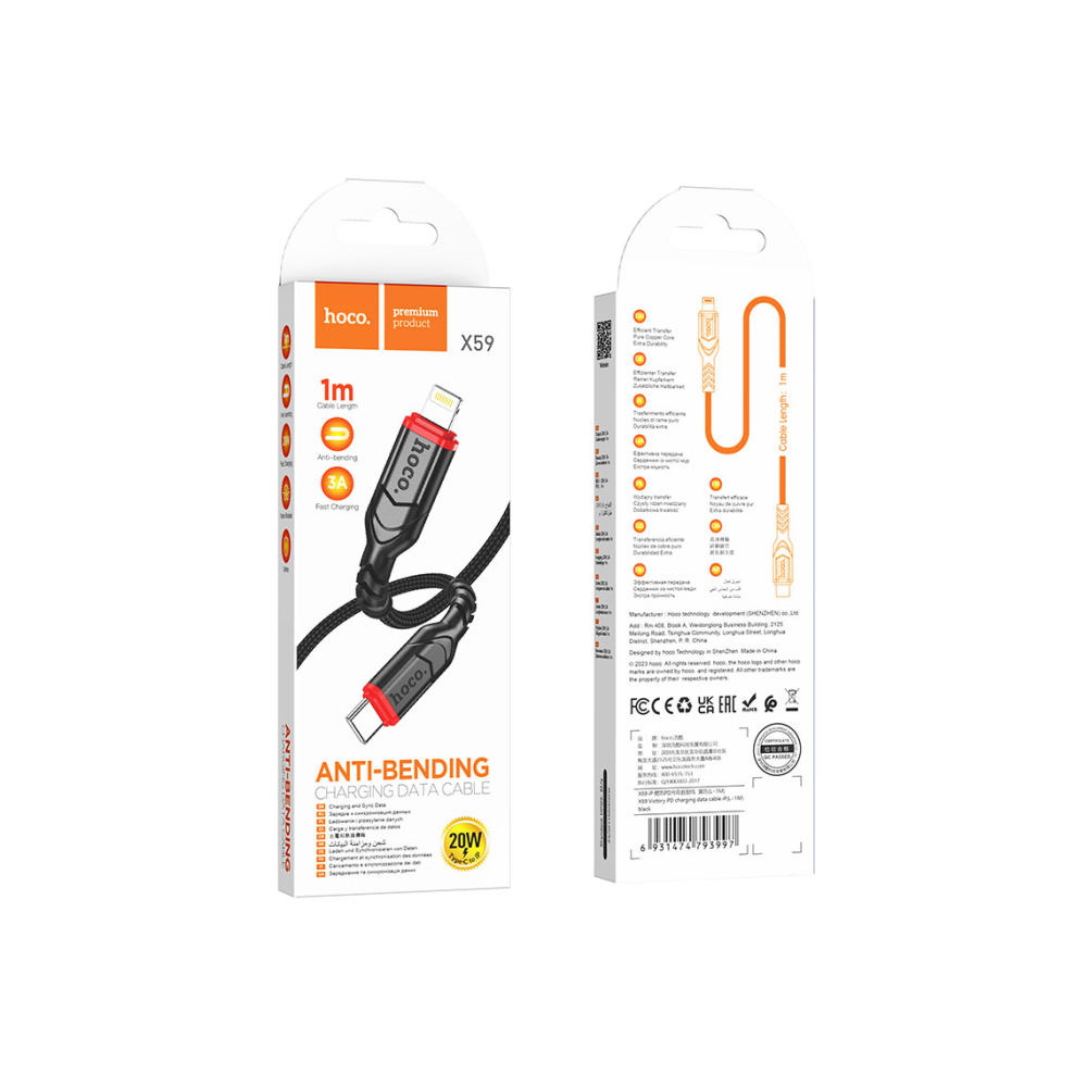 Cablu Date si Incarcare, USB-C la Lightning, PD20W, QC3.0, Braided, 1m, Black – Hoco X59 [1]