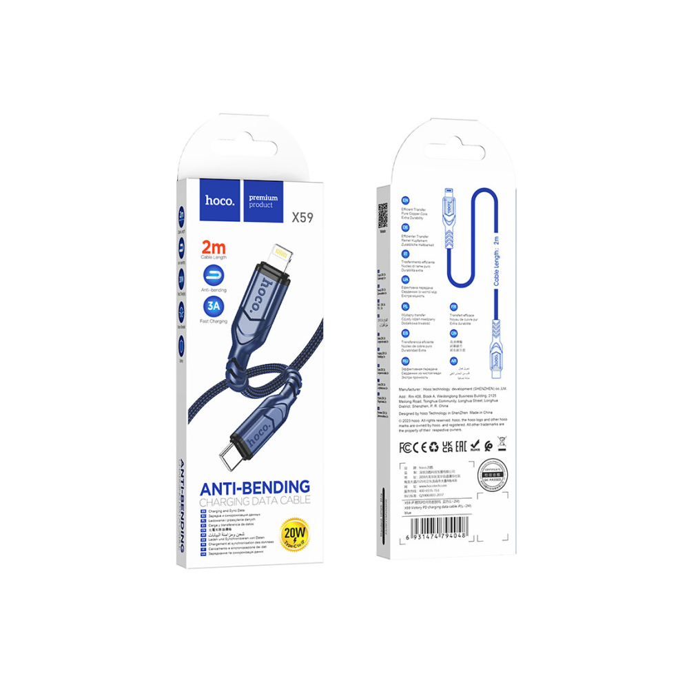 Cablu Date si Incarcare, USB-C la Lightning, PD20W, QC3.0, Braided, 2m | Blue – Hoco X59 [1]