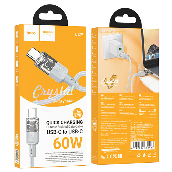 Cablu Date si Incarcare, USB-C, PD60W, QC3.0, 3A, Crystal, 1.2m, Gray – Hoco U129 [1]