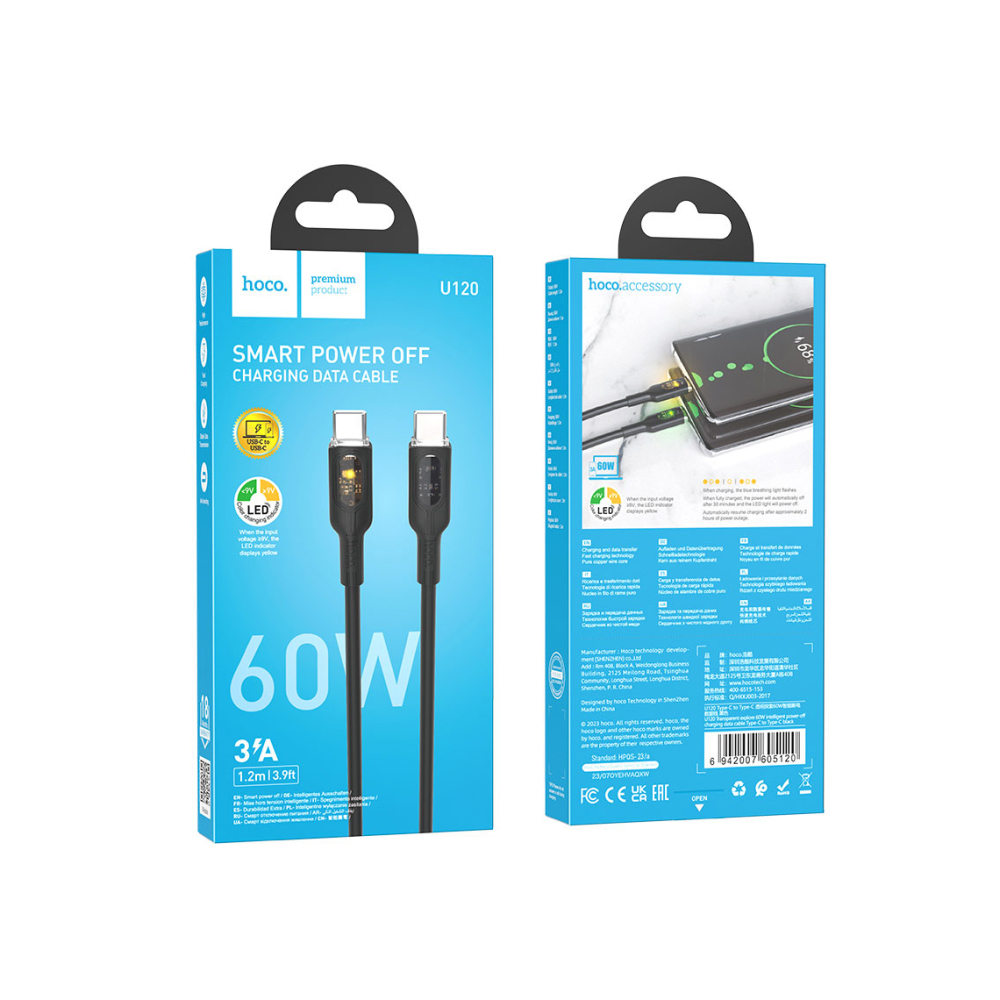 Cablu Date si Incarcare, USB-C, PD60W, QC3.0, 3A, LED Power, 1.2m, Black – Hoco U120 [1]
