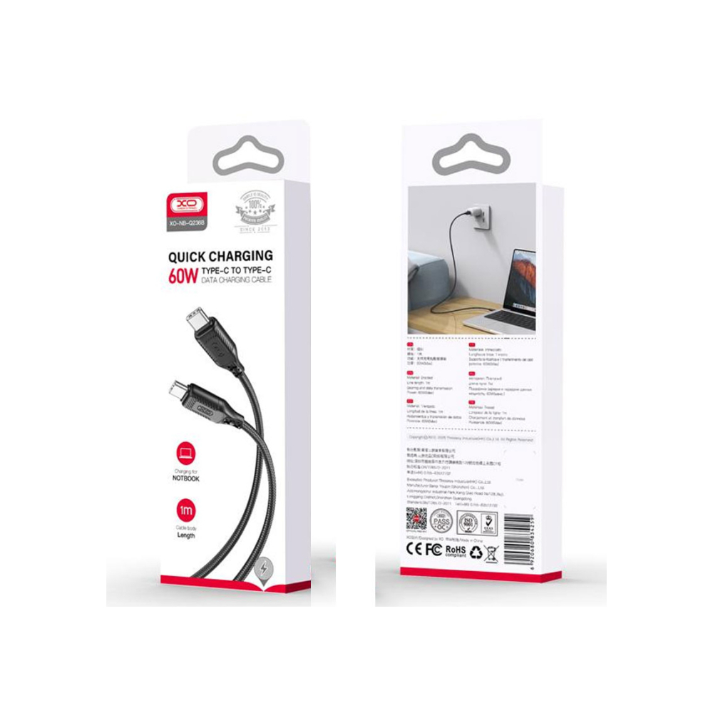 Cablu Date si Incarcare, USB-C, PD60W, QC3.0, Braided, 1m, Black – XO NB-Q236B [1]