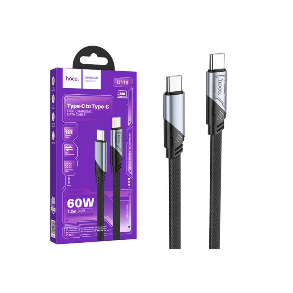 Cablu Date si Incarcare, USB-C, PD60W, QC3.0, Flat, 1.2m, Black – Hoco U119 [1]