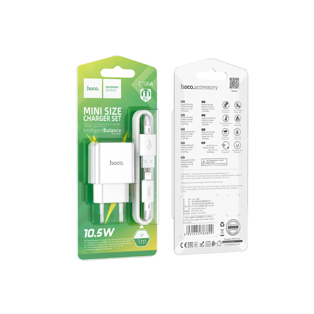 Set Incarcator cu Cablu + Lightning, 10.5W, 2.1A, 1xUSB-A, QC 3.0, White – Hoco C106A [1]