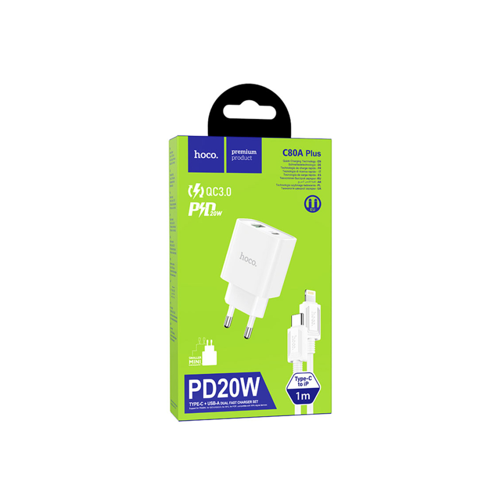 Set Incarcator cu Cablu + Lightning, 20W, 5V, 3.1A, 1xUSB-C, 1xUSB-A, PD, QC 3.0, White – Hoco C80A Plus [1]