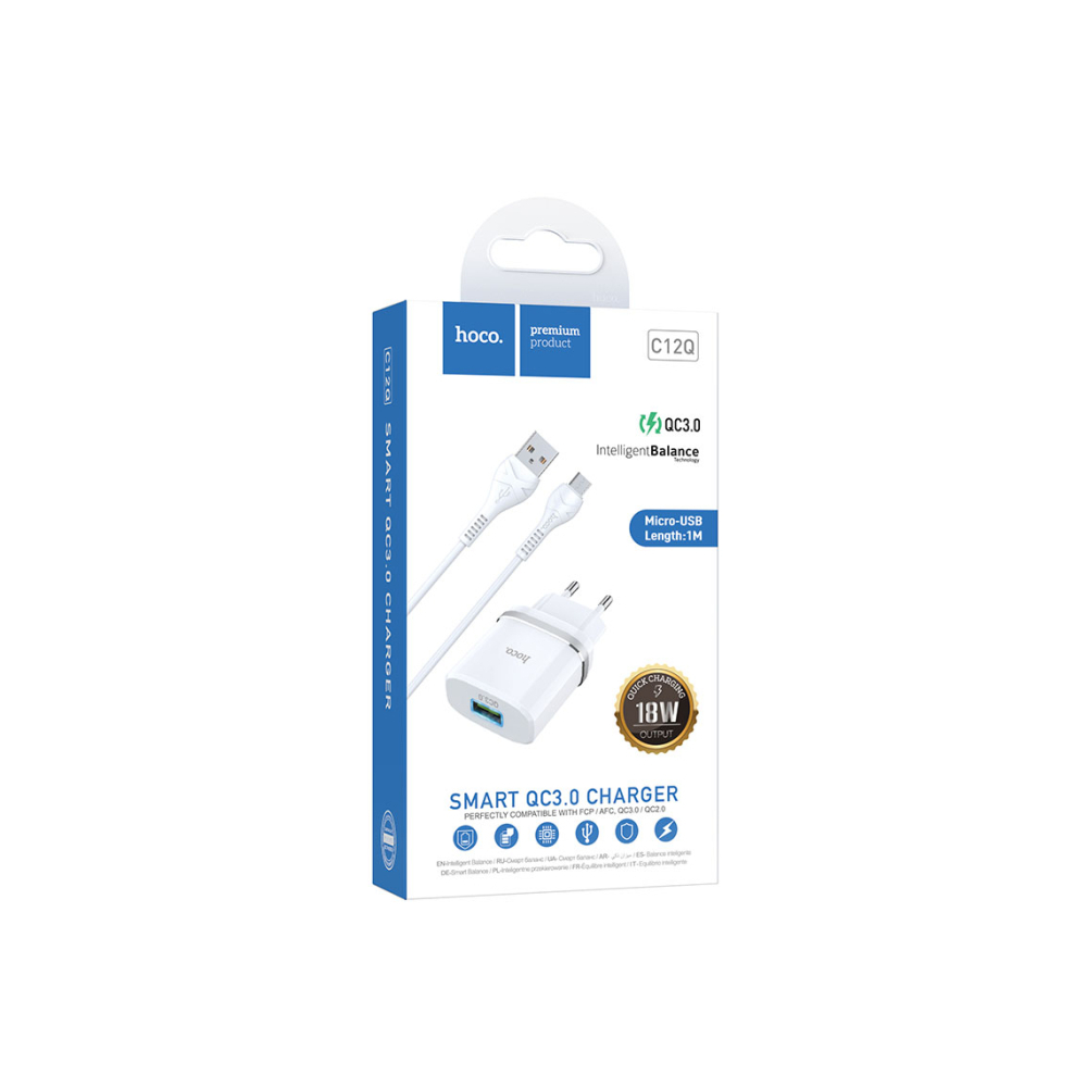 Set Incarcator cu Cablu + MicroUSB, 18W, 1xUSB-A, QC 3.0, White – Hoco C12Q [1]